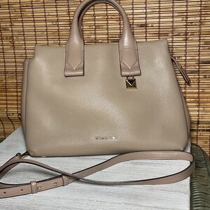 MICHAEL KORS ROLLINS LARGE LEATHER SATCHEL OAT LEATHER MK